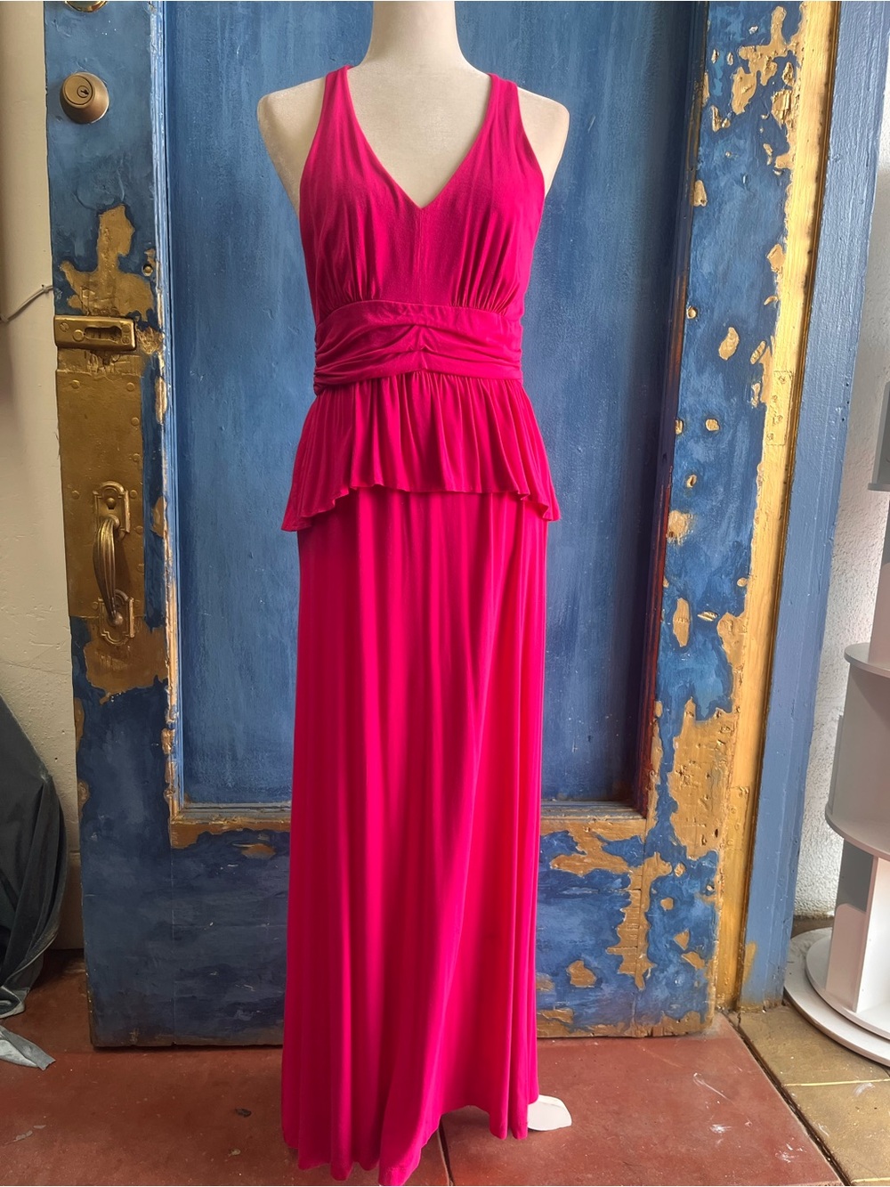 Sleeveless Hot Pink V-Neck Maxi Dress with Peplum Waist